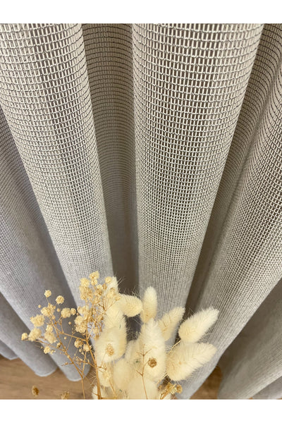 BEIGE-GRAY Modern Textured Knit 1/3 Dense Pleat Sheer Curtain