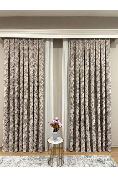 Brown-Navy Blue Chenille Pattern Jacquard 1/3 Dense Pleated Jacquard Blackout Curtain