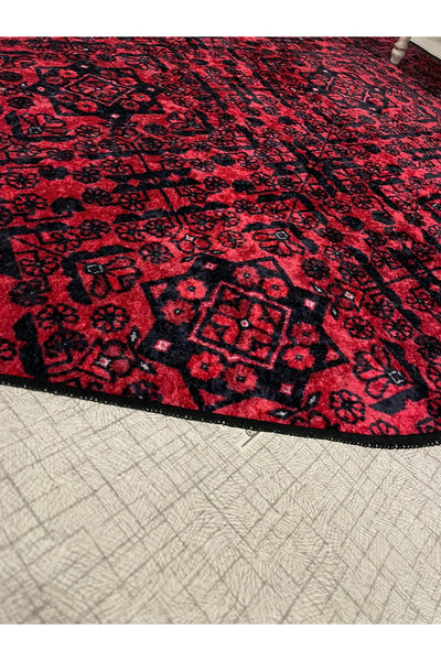 Red Color Ethnic Motif Latex Base Rug