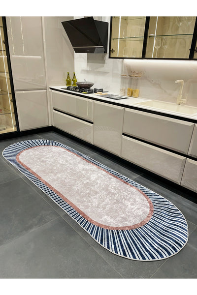 BEIGE-NAVY Striped Oval Non-Slip Base Rug