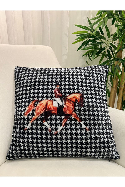 %100 Velvet Horse Print Cushion Cover (Black-White)