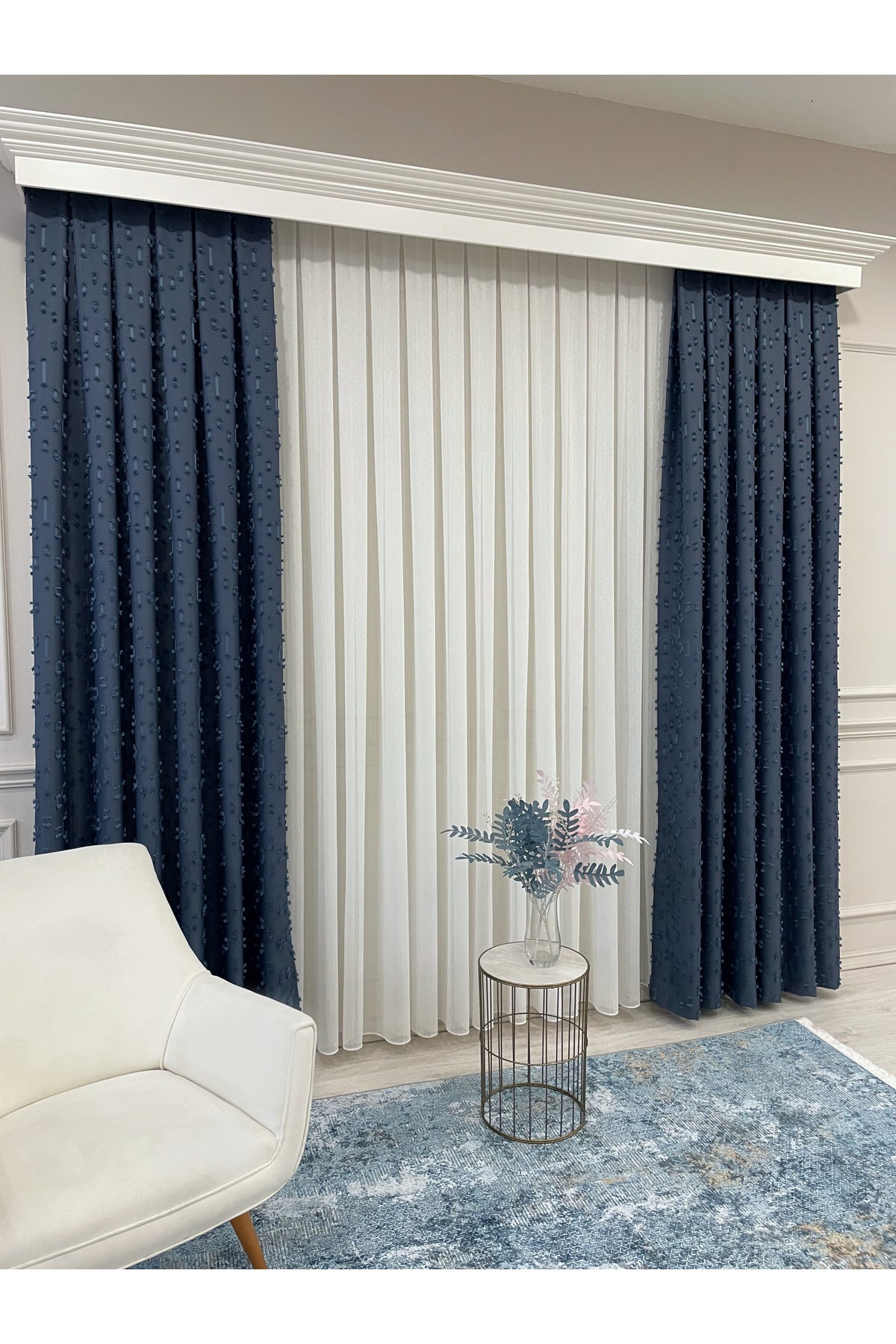 Indigo Blue Pompom Puffy Blackout Curtain 1/3 Dense Pleat