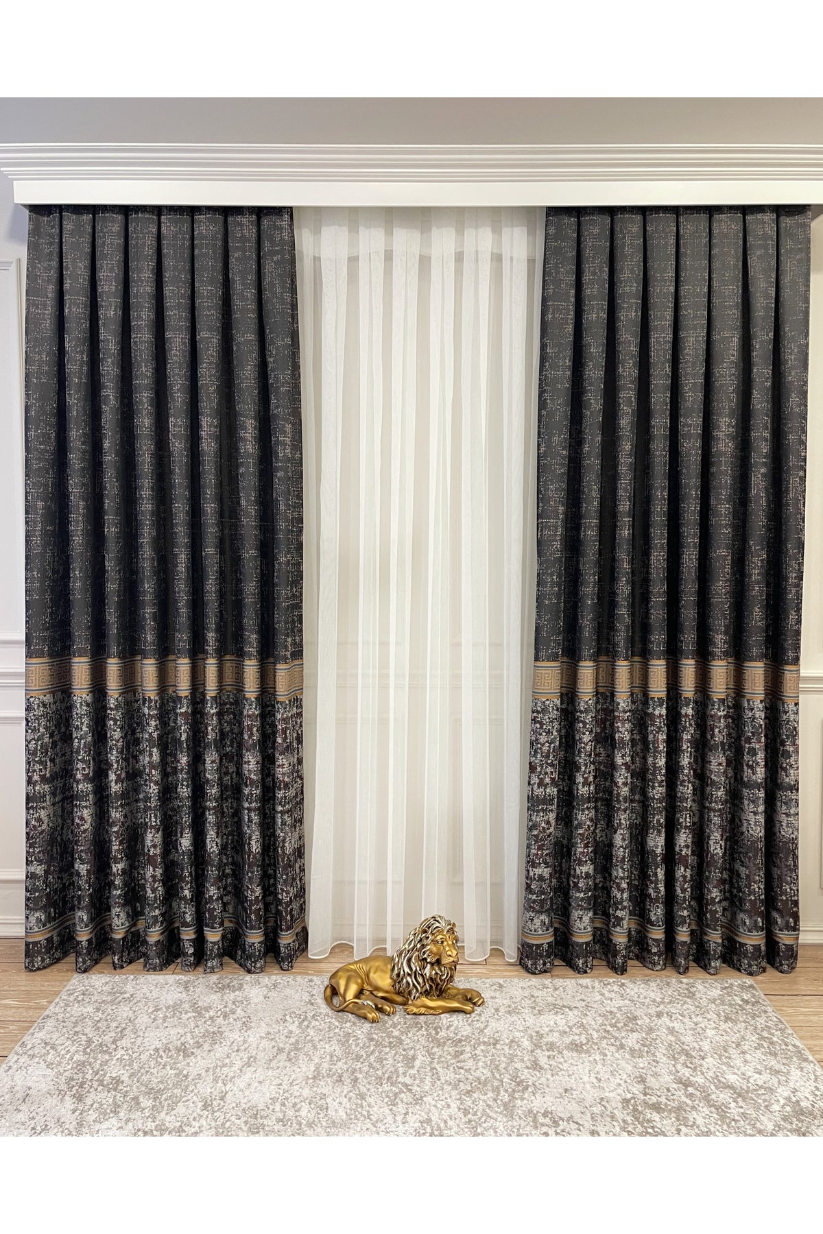 Gray Anthracite Bordered Pattern 1/3 Tight Pleat Jacquard Woven Blackout Curtain