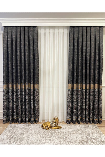 Gray Anthracite Bordered Pattern 1/3 Tight Pleat Jacquard Woven Blackout Curtain