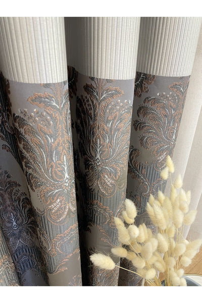 Gray Brown Damask Pattern Jacquard 1/3 Tight Pleat Jacquard Blackout Curtain