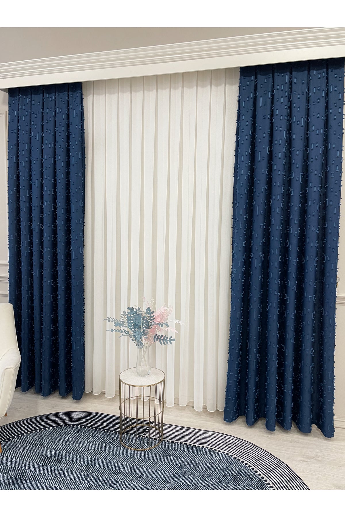 Indigo Blue Pompom Puffy Blackout Curtain 1/3 Dense Pleat
