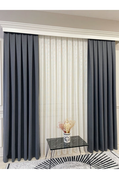 Stone Grey 1/3 Tight Pleat Linen-Look Blackout Curtain