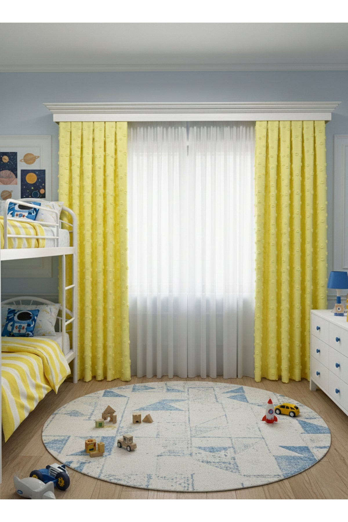 Blue Children's Room Pompom Puffy Blackout Curtain 1/3 Dense Pleating