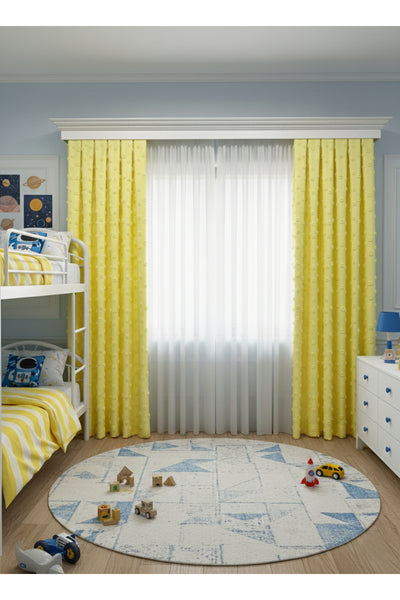Blue Children's Room Pompom Puffy Blackout Curtain 1/3 Dense Pleating
