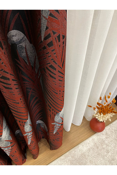 Brown-Navy Blue Bird Patterned 1/3 Dense Pleated Blackout Curtain