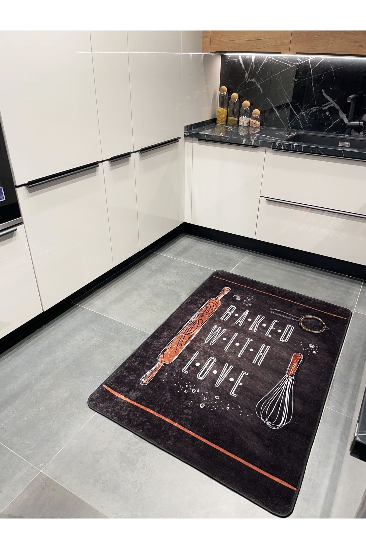 Baked With Love Slogan Kitchen Rug - BLACK
