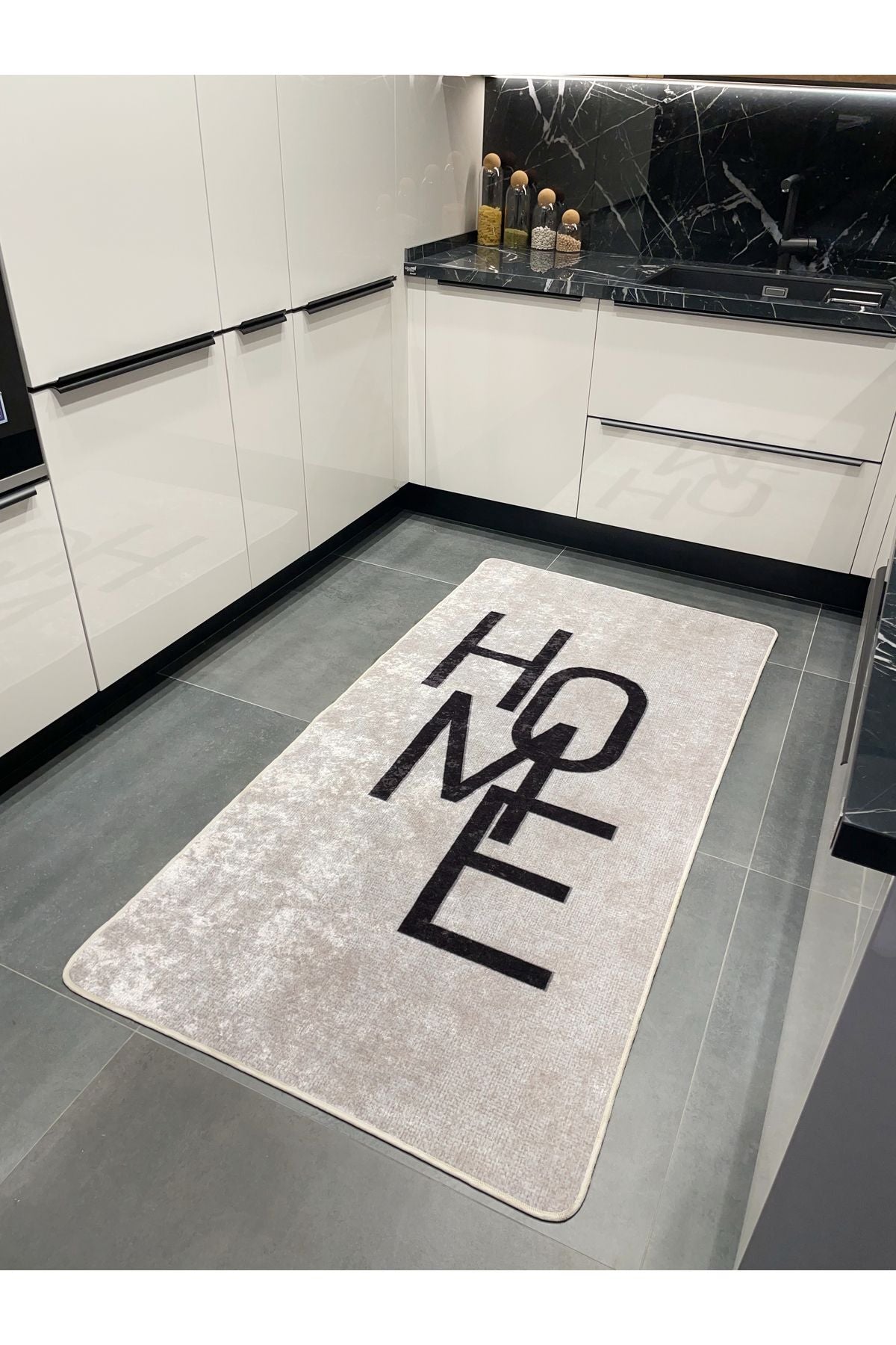 Home Yazılı Düz Mutfak Halısı - SİYAH
