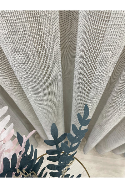 BEIGE-GRAY Modern Textured Knit 1/3 Dense Pleat Sheer Curtain