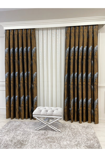 Brown-Navy Blue Bird Patterned 1/3 Dense Pleated Blackout Curtain