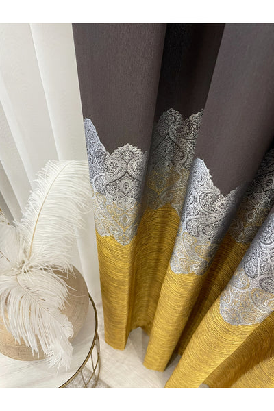 Brown Gold - Damask Patterned 1/3 Dense Pleated Blackout Curtain
