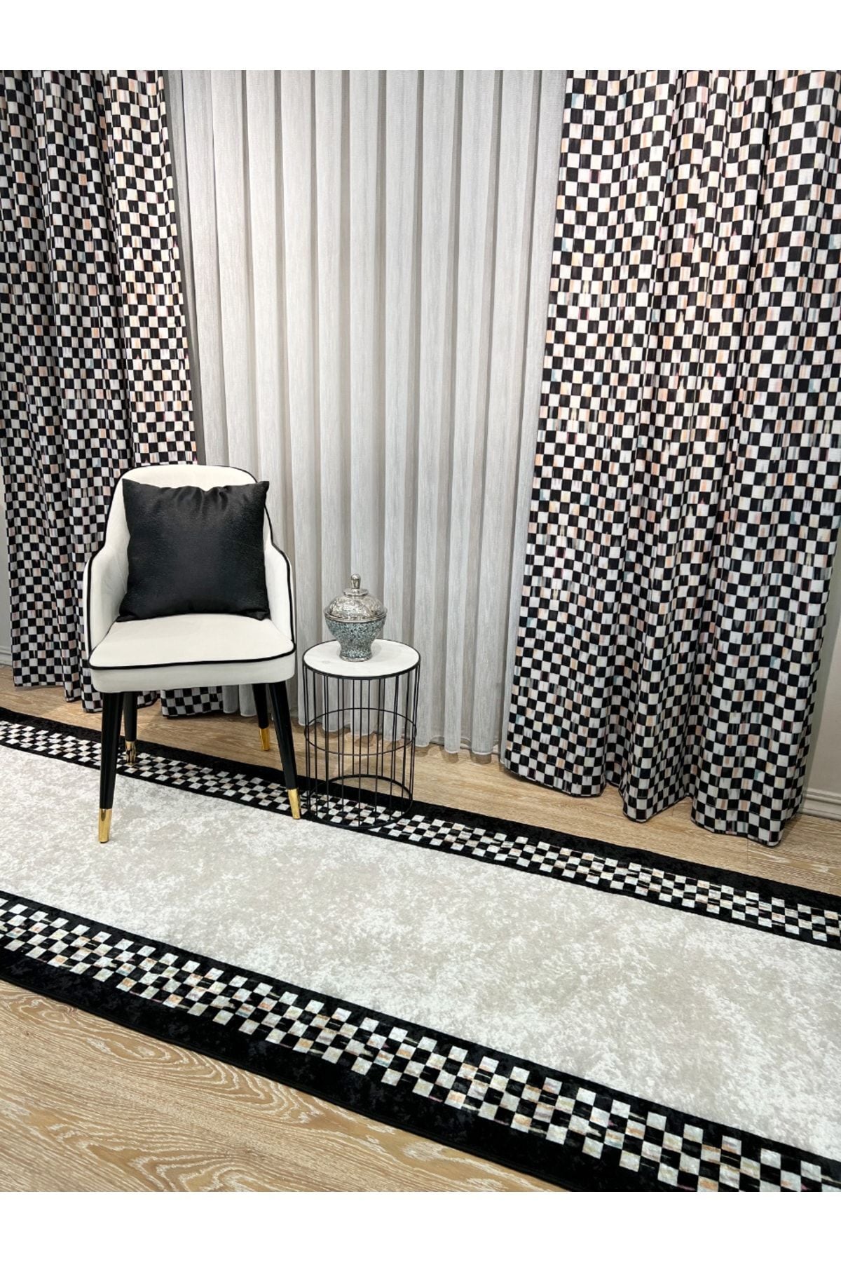 No-Pleat Extra-Reinforced Checkered Blackout Curtain - Beige-Black