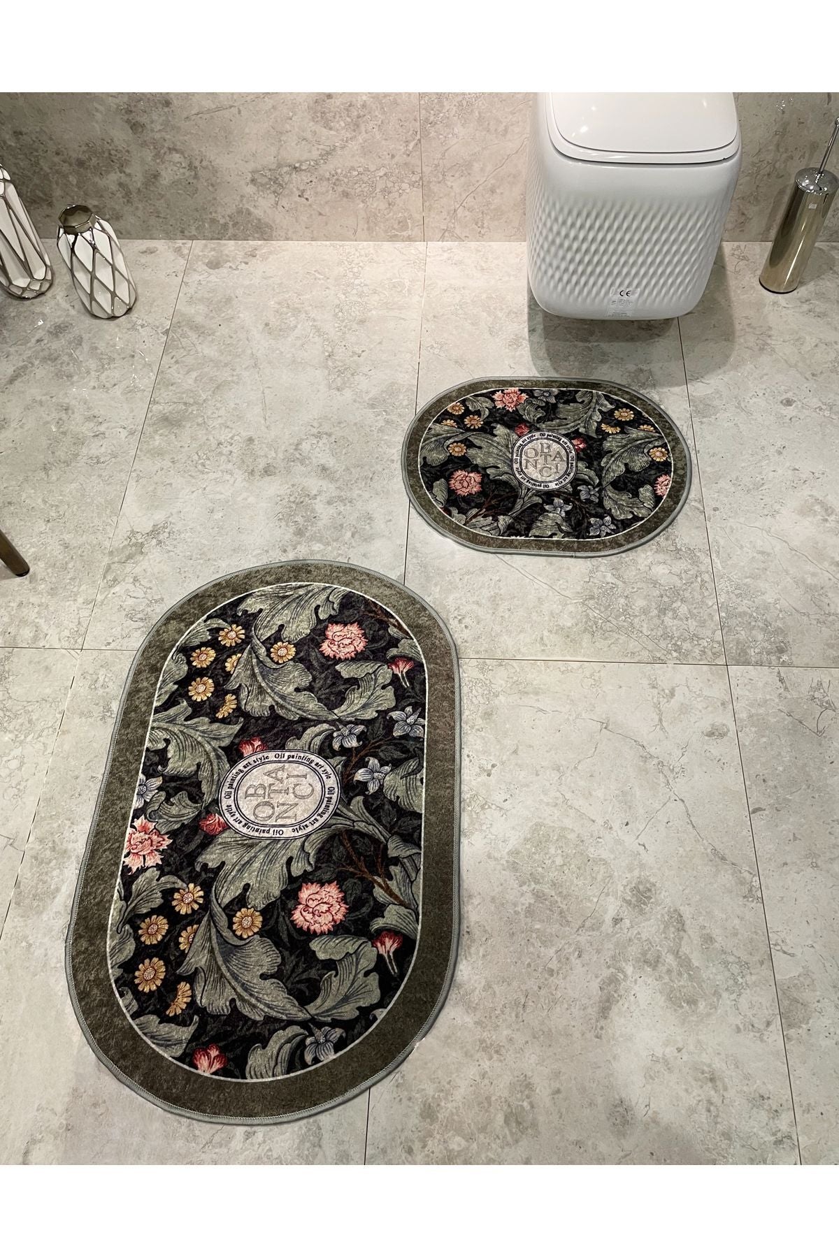 2-Piece Floral Pattern 60x100 - 60x50 Botanic Latex-Backed Bath Mat Set