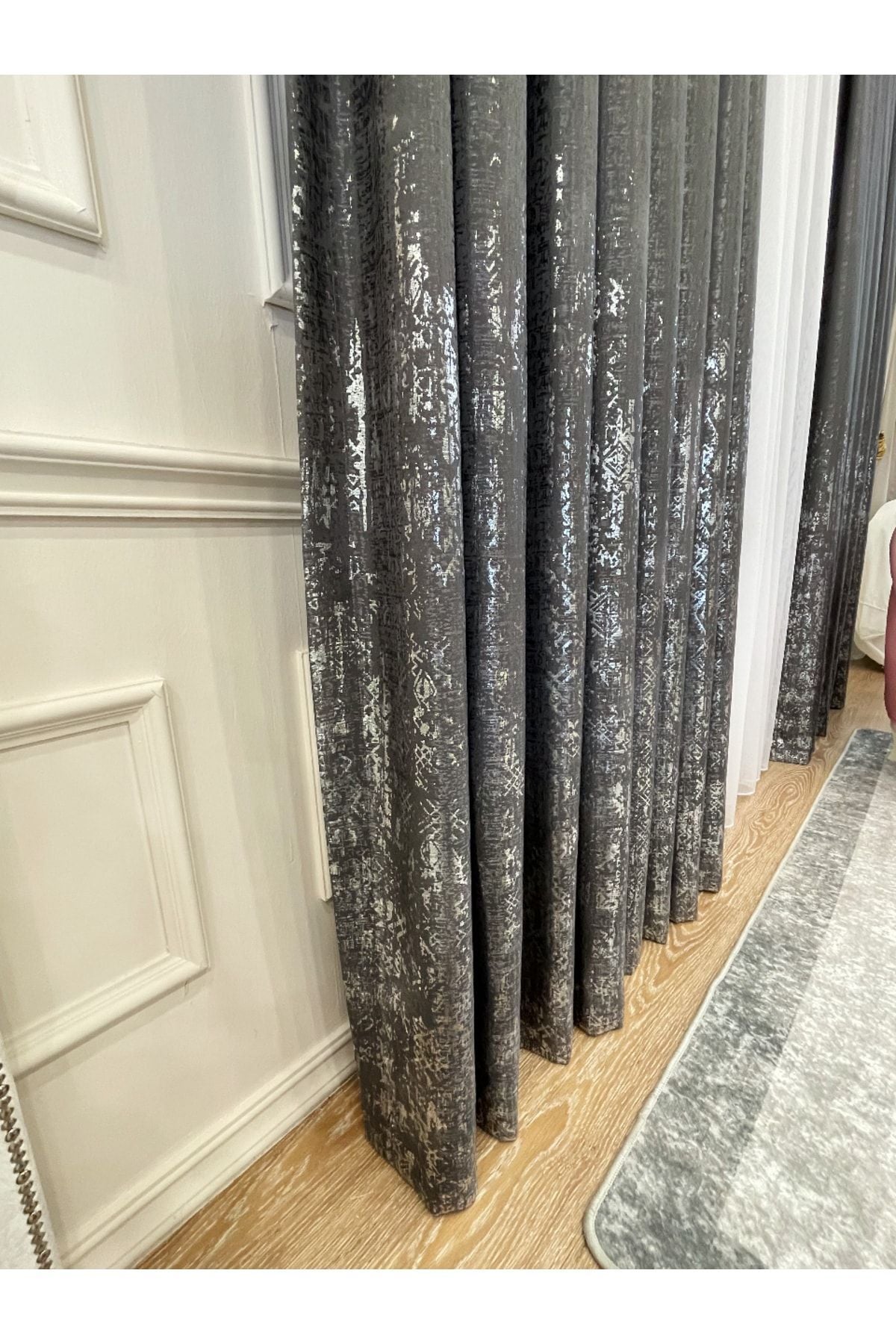 Jacquard Ground Foil Print 1/3 Dense Pleat Blackout Curtain - Beige - Gold Foil