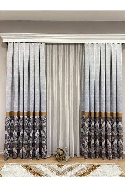 Gray Brown Damask Pattern Jacquard 1/3 Tight Pleat Jacquard Blackout Curtain