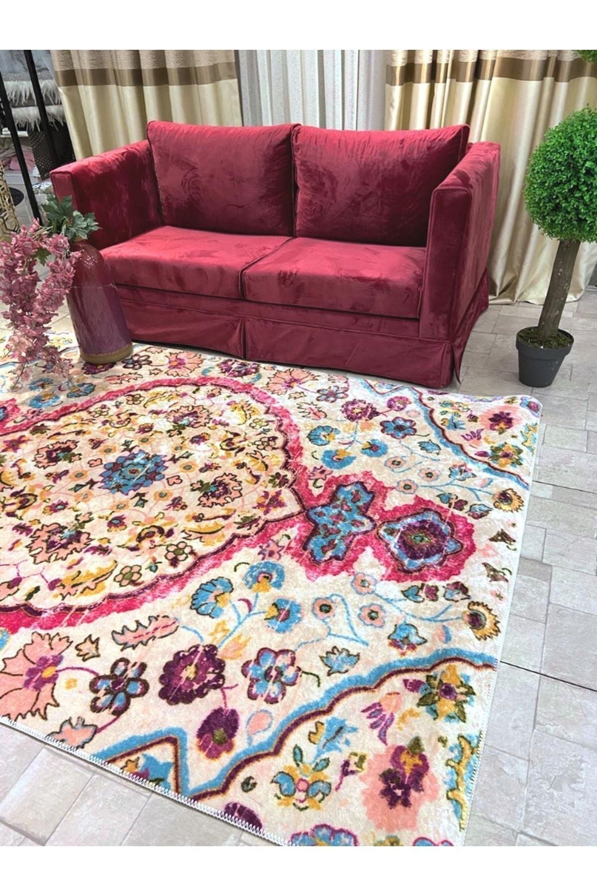 Etnik Desen Saçaksız Lateks Deri Taban Modern Halı