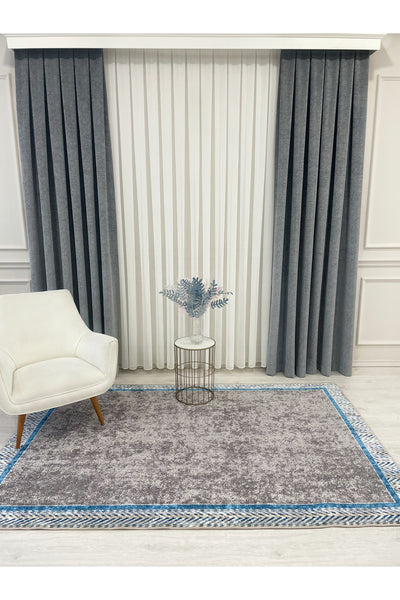 Blue Bordered Wicker-Look Non-Slip Base Rug