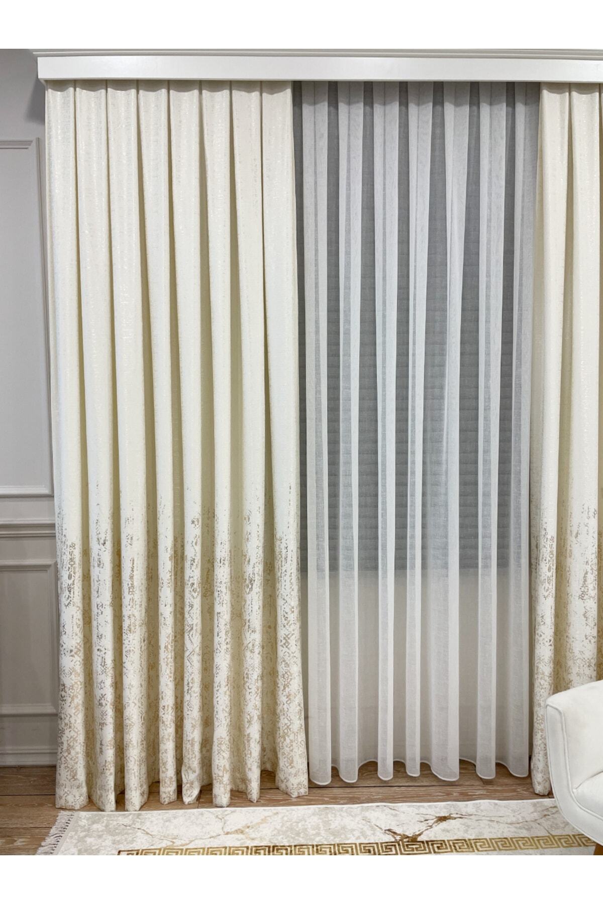 Jacquard Ground Foil Print 1/3 Dense Pleat Blackout Curtain - Beige - Gold Foil