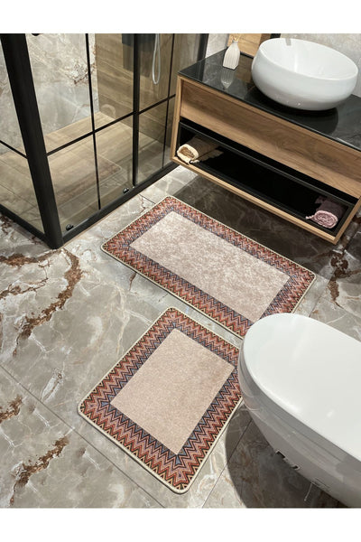 Mint Green - Zigzag Patterned Leather Base 2-Piece Bath Mat Set (60x100 - 60x50)