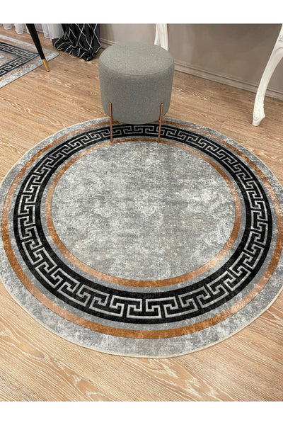 Classic Striped Pattern Round Latex Leather Base Fringeless Living Room Rug - Golden Brown