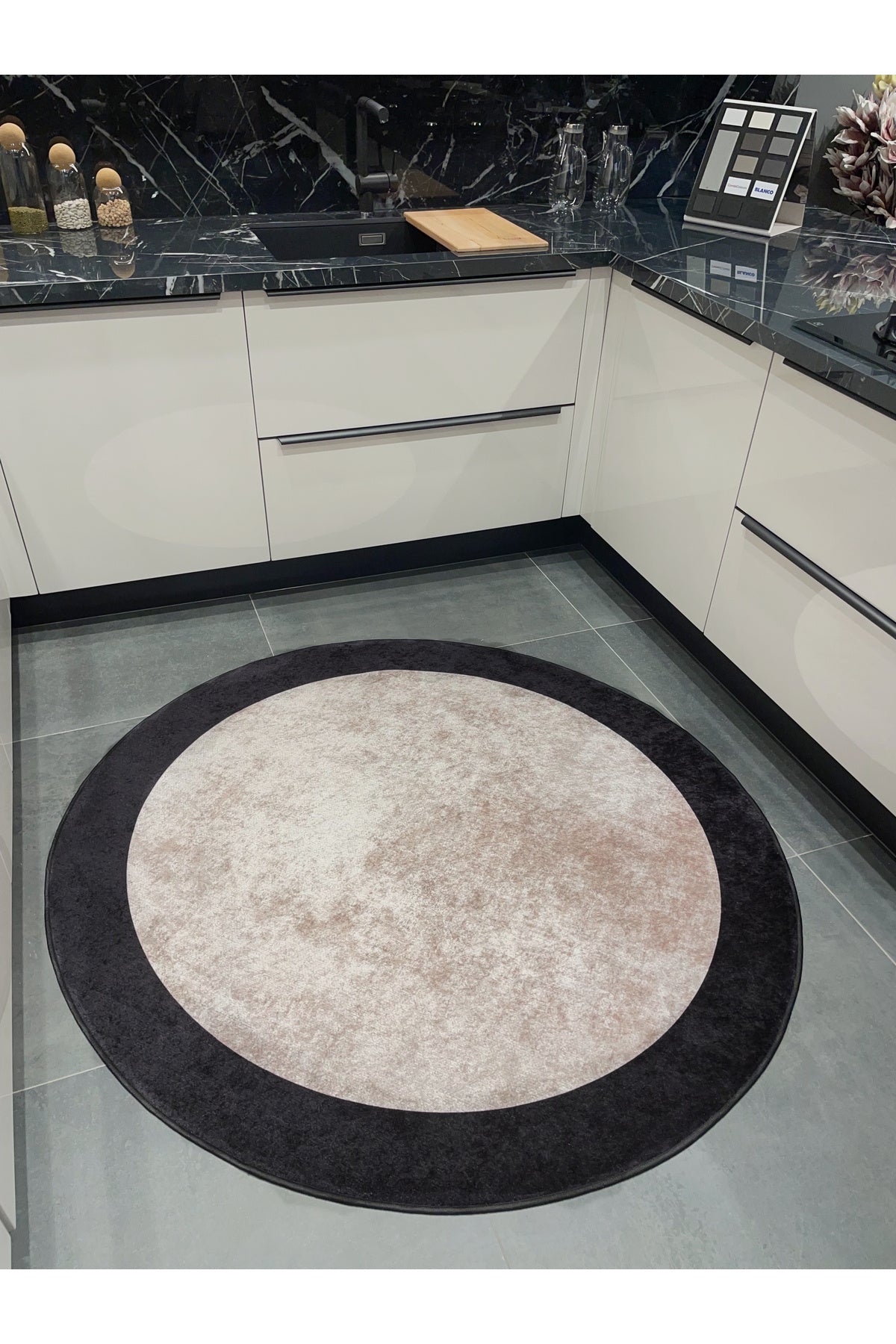 Geometric Striped Latex Leather Backing Fringeless Kitchen Rug - Beige-Black