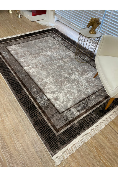 Vilmar Modern Striped Latex Leather Base Fringed Rug - Beige