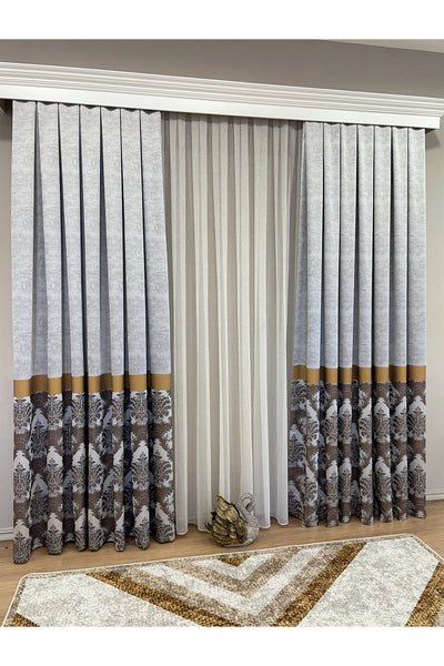 Gray Brown Damask Pattern Jacquard 1/3 Tight Pleat Jacquard Blackout Curtain