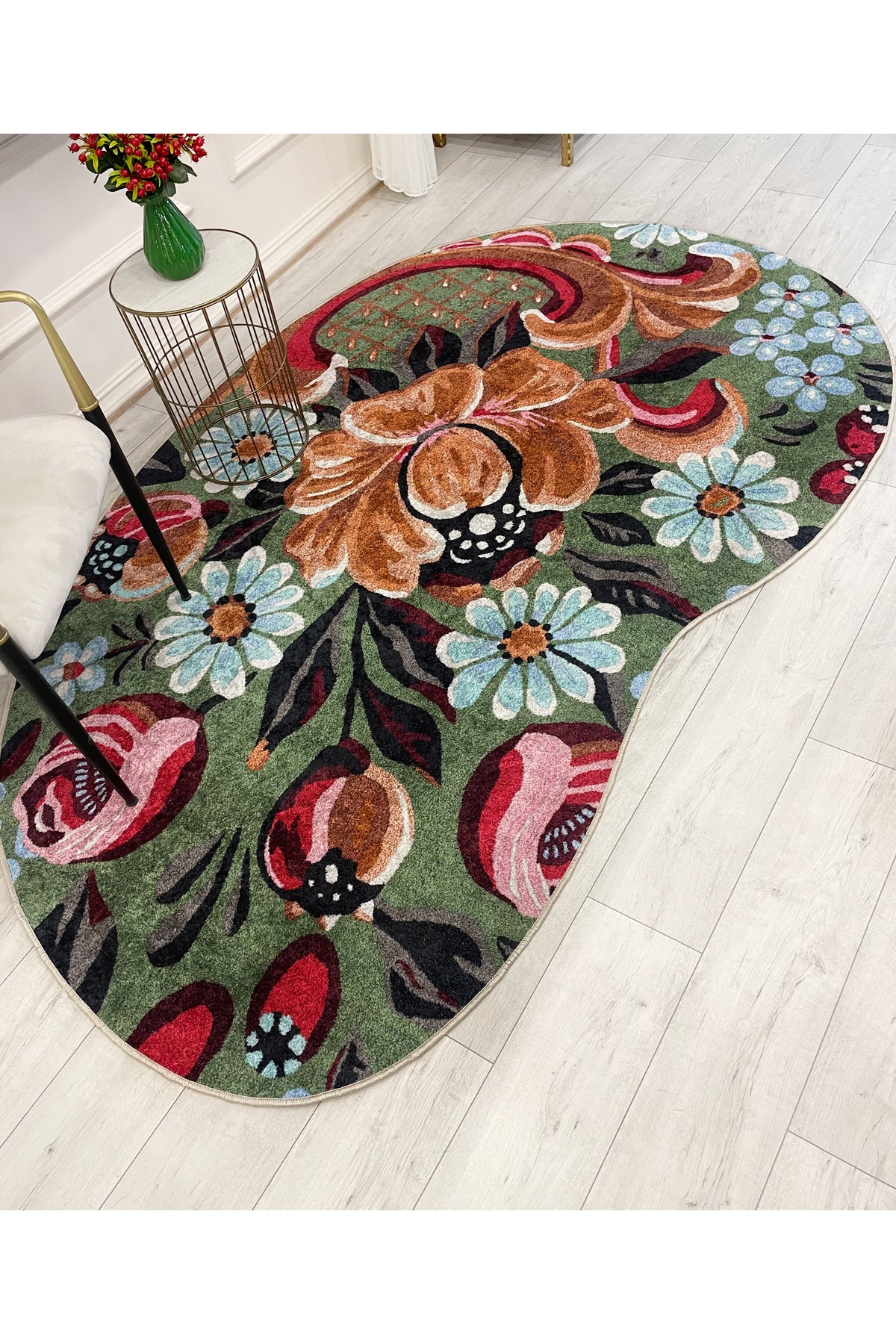 Green Floral Pattern Latex Base Rug