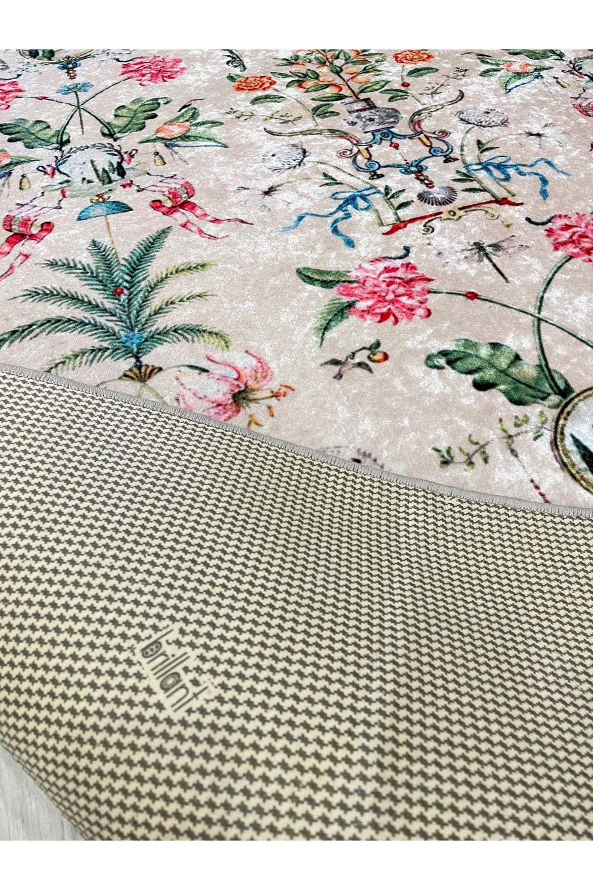 Beige Floral Bird Patterned Latex Leather Base Rug