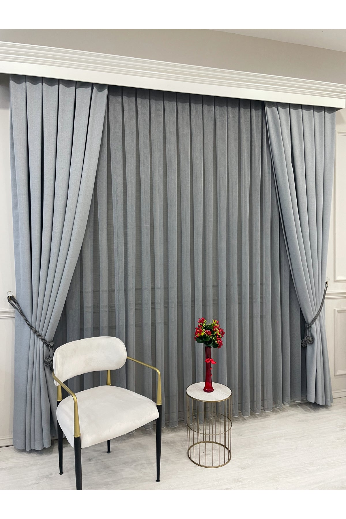 BEIGE-GRAY Modern Textured Knit 1/3 Dense Pleat Sheer Curtain