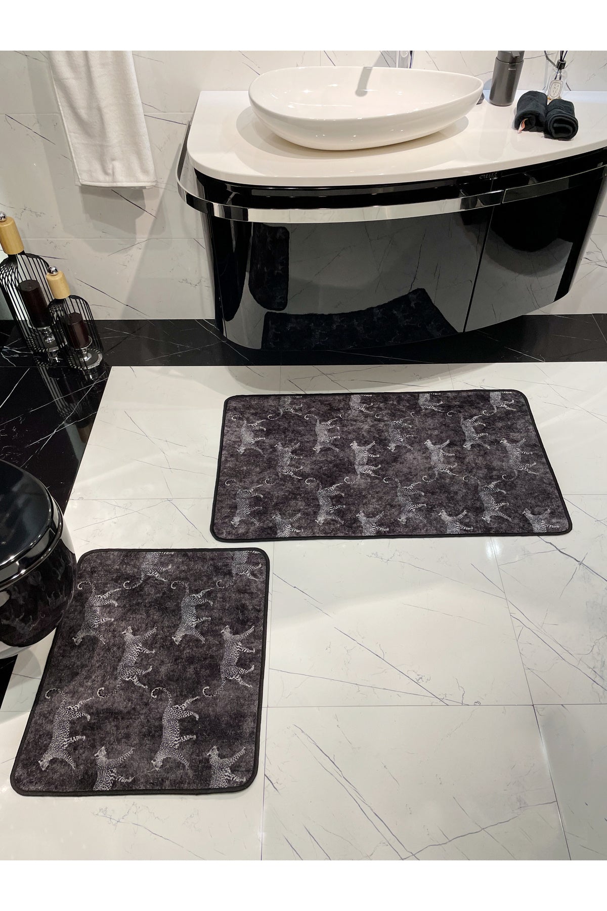 Set of 2 Latex Leather-Backed Bathroom Rug Set (60X100 - 60X50) Dark Gray