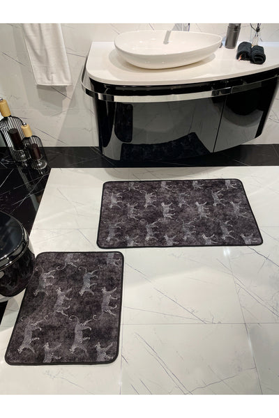 Set of 2 Latex Leather-Backed Bathroom Rug Set (60X100 - 60X50) Dark Gray