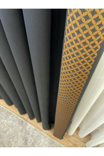 Panel Pattern Jacquard 1/3 Dense Pleat Blackout Curtain - Anthracite Gray - Gold Border