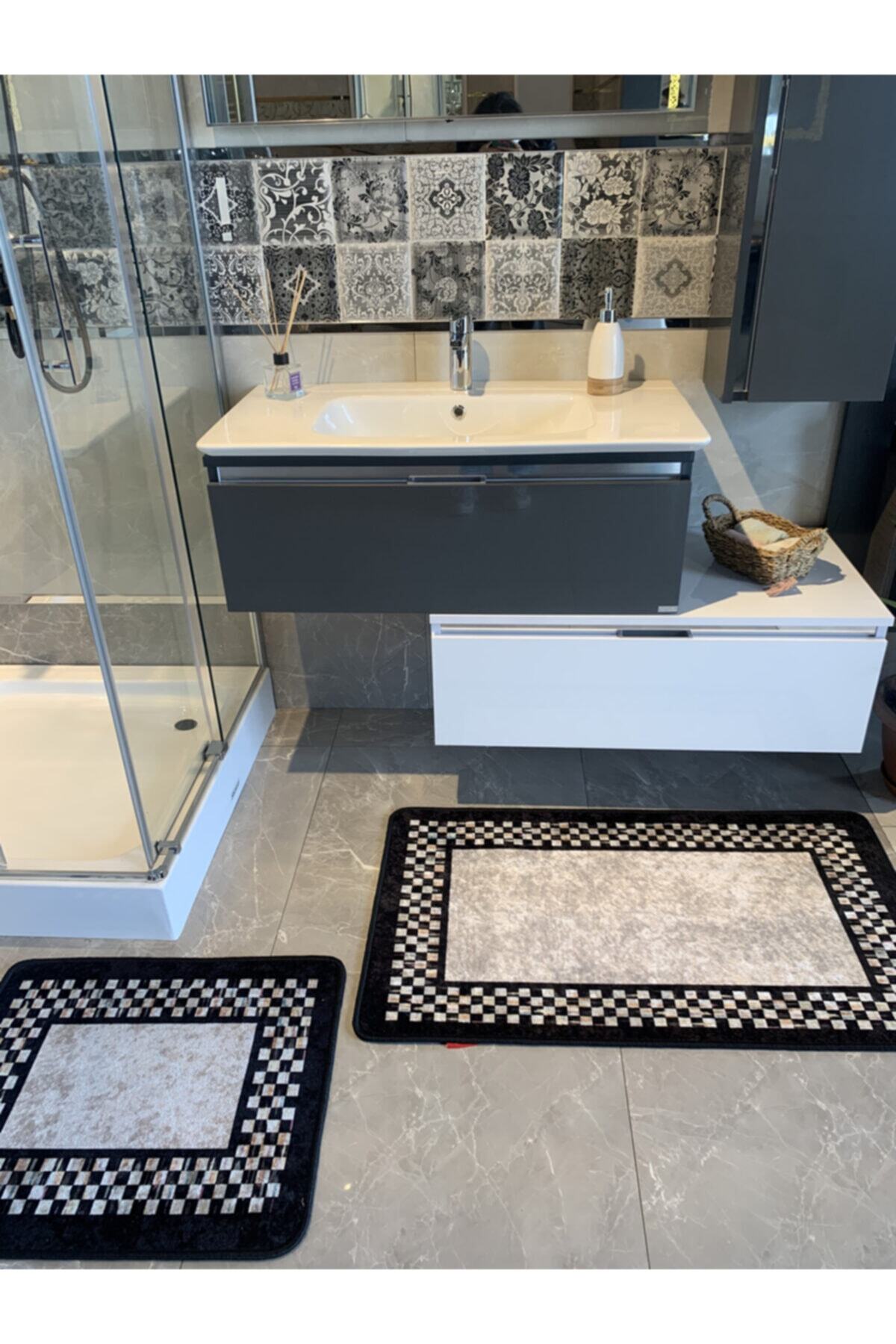 Melany Checkered 2-Piece Latex Base Bathroom Mat Set (60x50 - 60x100)