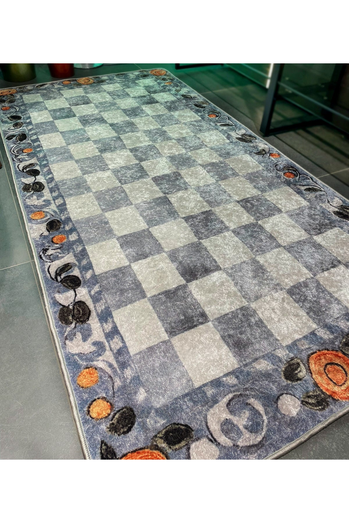 Beige Orange Checkered Pattern Non-Slip Base Kitchen Rug