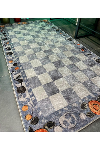 Beige Orange Checkered Pattern Non-Slip Base Kitchen Rug