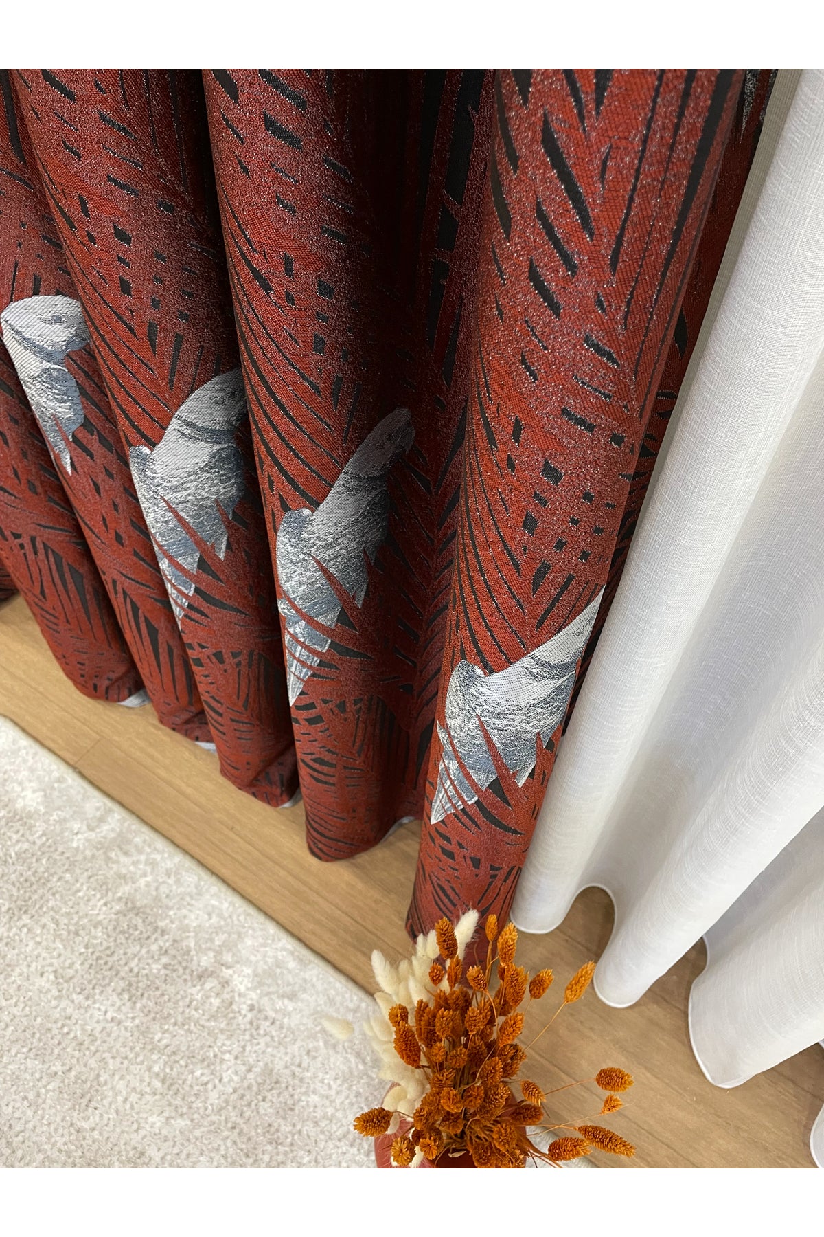Brown-Navy Blue Bird Patterned 1/3 Dense Pleated Blackout Curtain