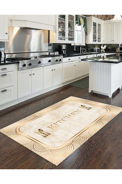 Beige Kitchen Script with Gold Detail Latex Base Rug