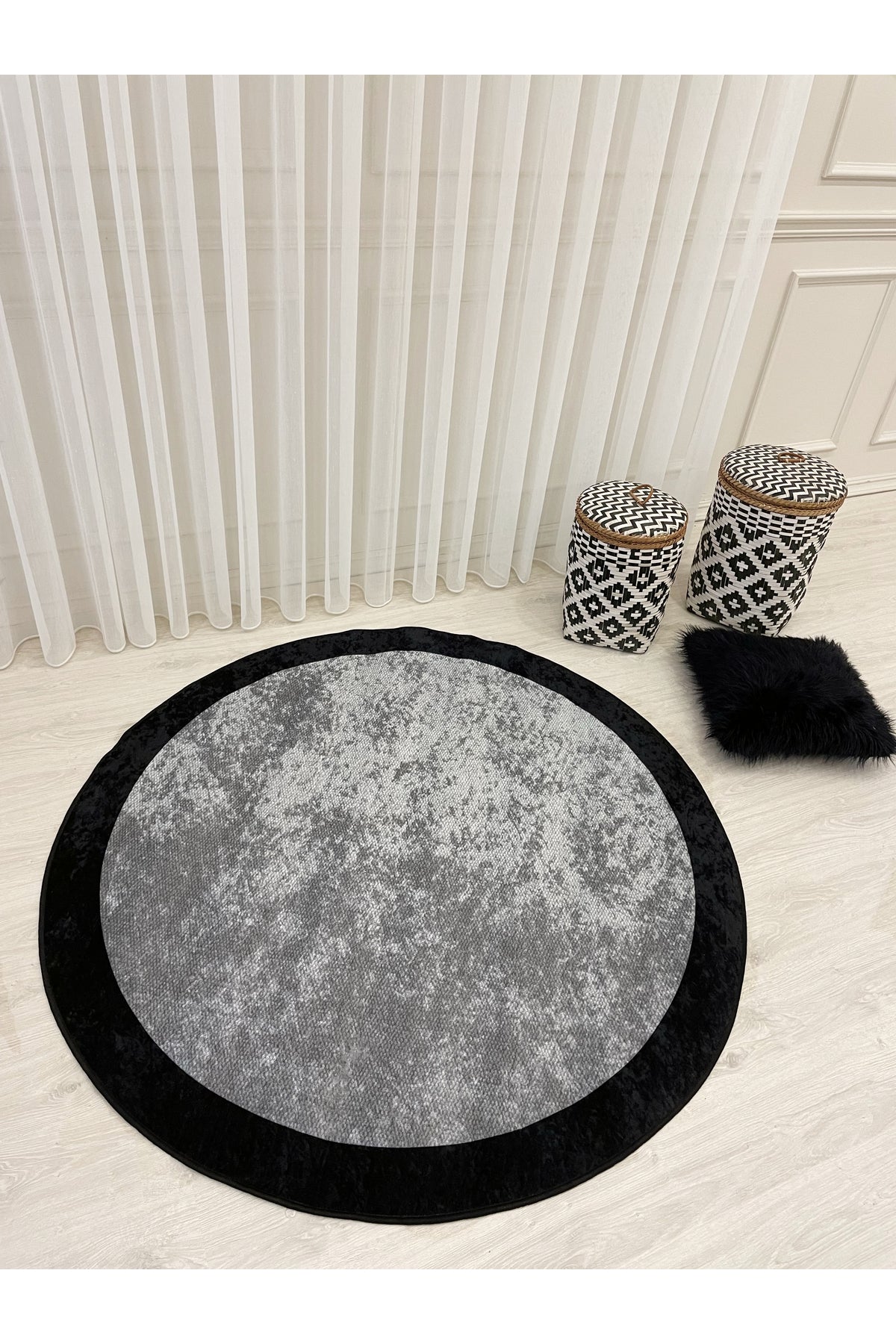 Jute-Look Washable Latex Base Round Rug - Beige Brown