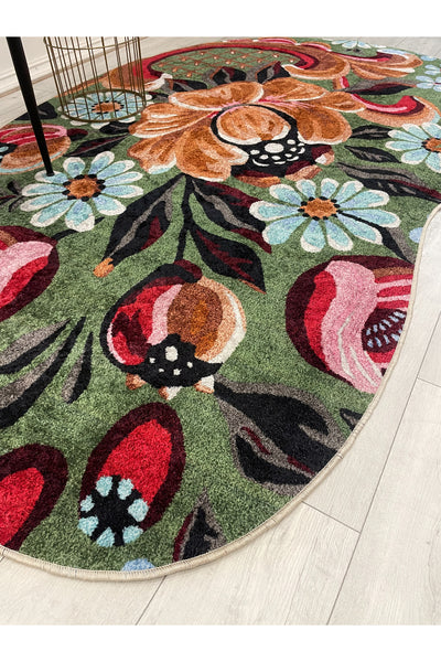 Green Floral Pattern Latex Base Rug