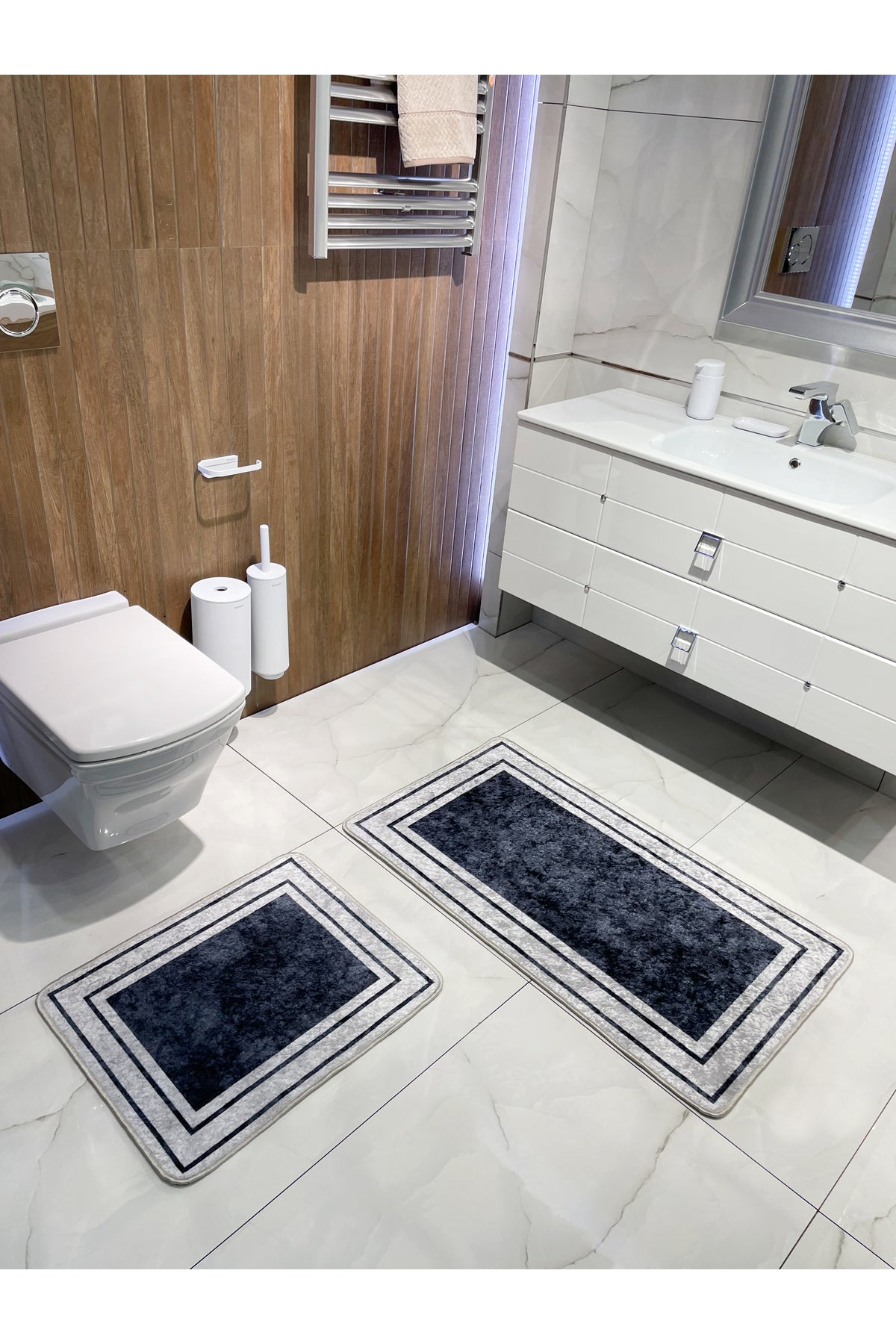 Striped Pattern 2-Piece Latex Leather-Backed Bathroom Mat Set (60X100 - 60X50) Navy Blue Gray