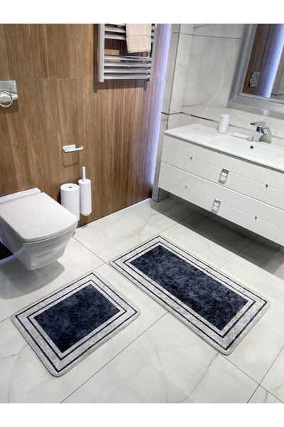 Striped Pattern 2-Piece Latex Leather-Backed Bathroom Mat Set (60X100 - 60X50) Navy Blue Gray