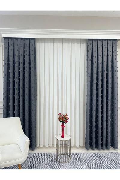 Blue Children's Room Pompom Puffy Blackout Curtain 1/3 Dense Pleating