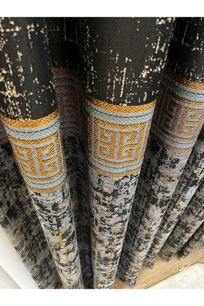 Gray Anthracite Bordered Pattern 1/3 Tight Pleat Jacquard Woven Blackout Curtain