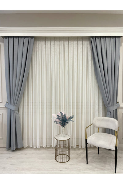 BEIGE-GRAY Modern Textured Knit 1/3 Dense Pleat Sheer Curtain