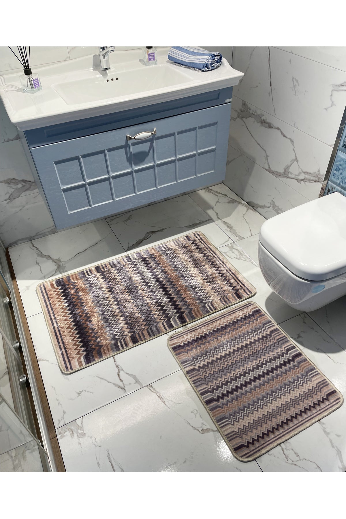 Zigzag Patterned 2-Piece Leather Base Bathroom Mat Set (60x100 - 60x50)